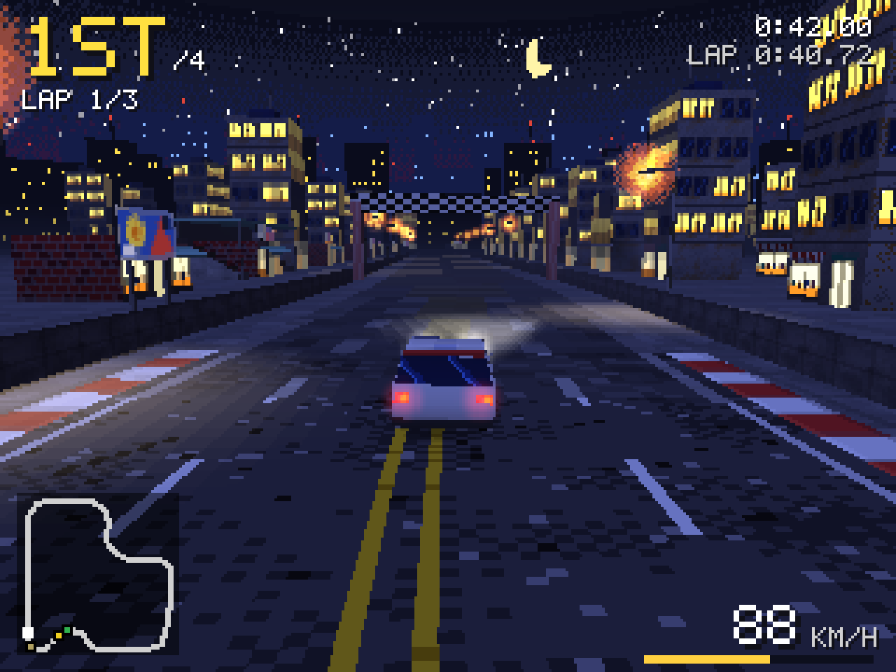 Night city track with a lit skyline
