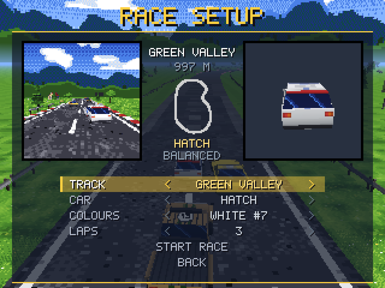 Race setup: track, car, colours and laps