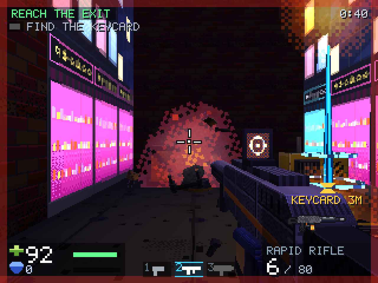 A robot explodes in a neon-lit alley