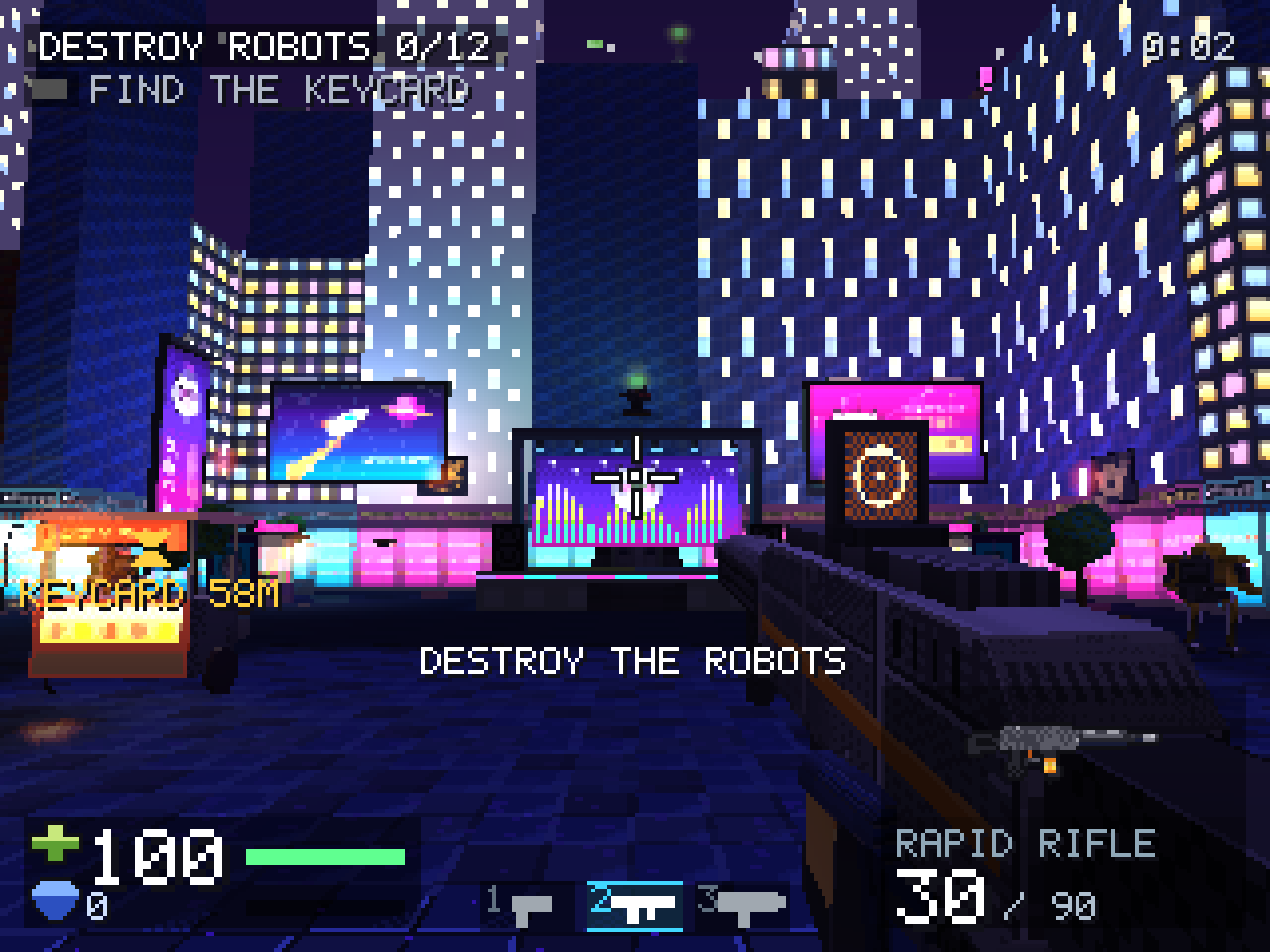 Night city plaza with neon screens and skyscrapers